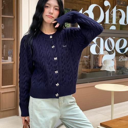 sanjati开衫尼龙圆领蝴蝶纽扣