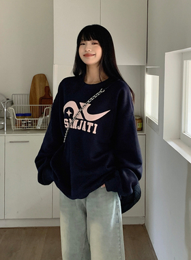 Sanjati crane美式休闲发泡logo卫衣圆领宽松加绒上衣男女潮牌