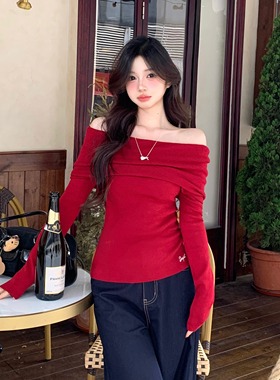 Sanjati一字肩红色新年圣诞节修身针织长袖遮肉显白毛衣上衣秋冬