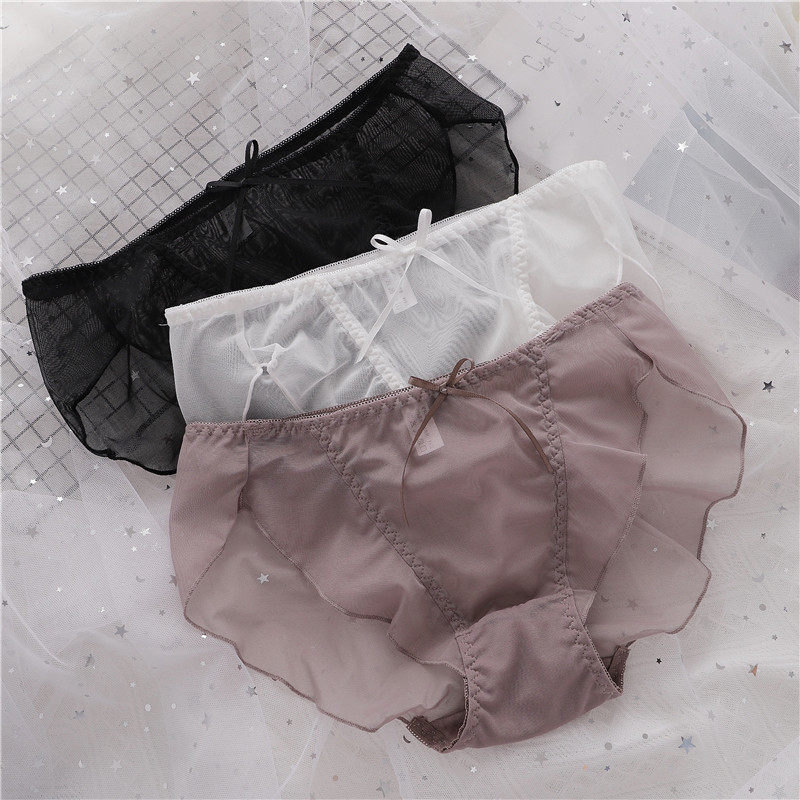 3条透视网纱内裤女低腰性感可爱纯色透明蝴蝶结无痕少女三角裤头