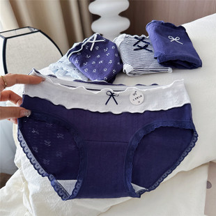 藏蓝小花~10A抗菌内裤女纯棉中腰大码a类棉日系甜美少女生三角裤