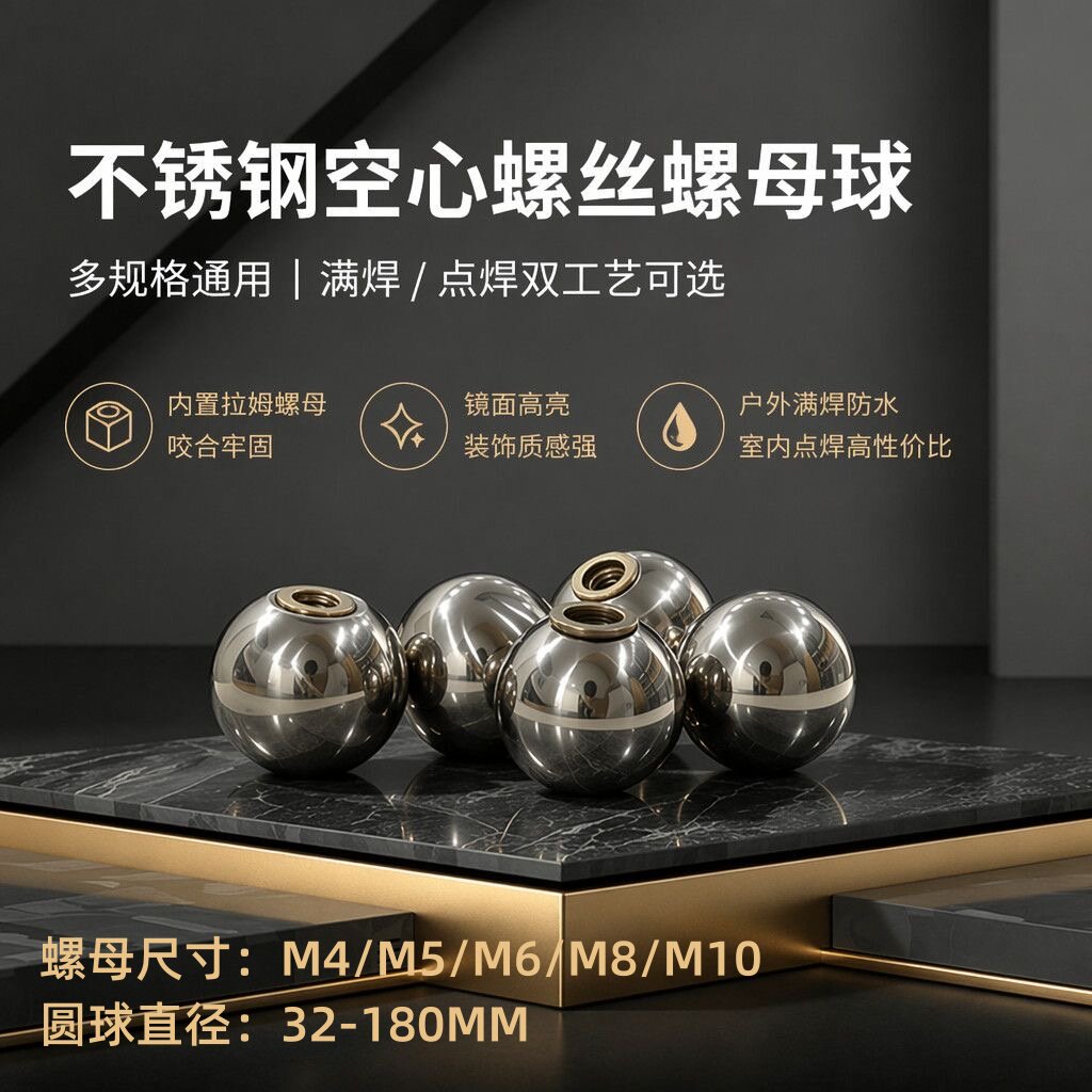 不锈钢拉姆球空心螺母球M6镜面螺帽圆球套螺母装饰球4厘5厘8厘10