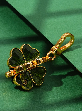 立体珐琅绿色幸运四叶草吊坠项链