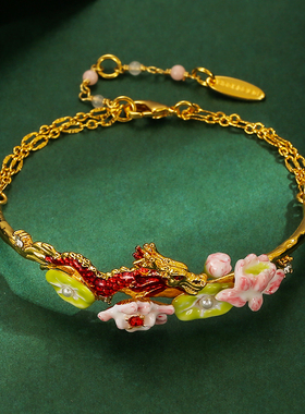 新中式红色荷叶荷花龙半手镯手链