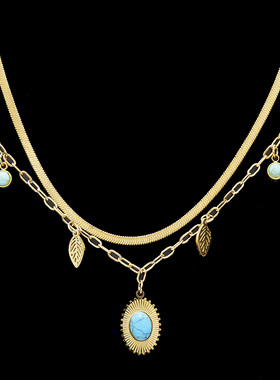 钛钢蓝宝石树叶多坠双层项链