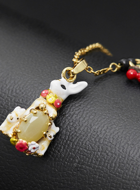 花朵樱桃白色兔子项链锁骨链宝石