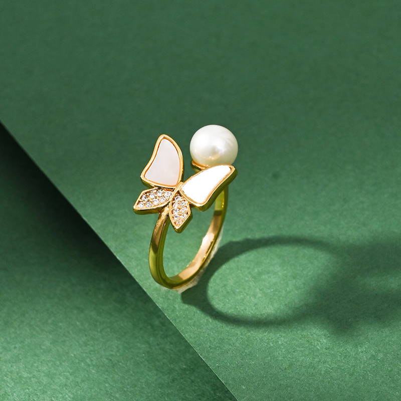 镶钻蝴蝶贝母珍珠开口可调节戒指