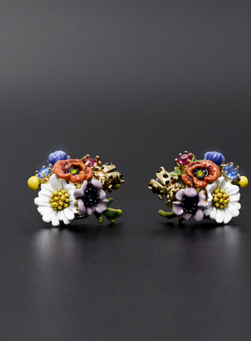 森系轻奢立体珐琅彩水晶雏菊紫色花朵瓢虫925银针耳钉花球耳环女