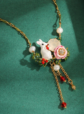 珍珠水晶流苏花朵白色兔子锁骨链