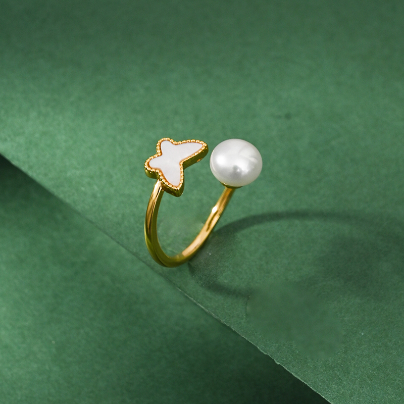 蝴蝶白贝母珍珠开口可调节戒指女