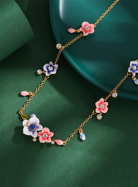 森系原创珐琅彩珍珠粉紫色渐变兰花水晶流苏项链时尚花朵链锁骨链