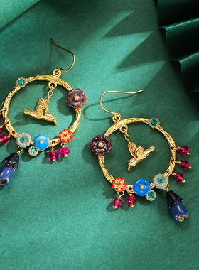 森系气质珐琅彩金属小鸟紫色铃兰花朵花环水晶宝石流苏耳环耳挂女