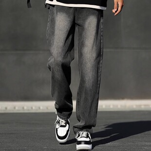 【于适同款】BONELESS高街烟黑色牛仔裤男款秋冬美式宽松直筒休闲