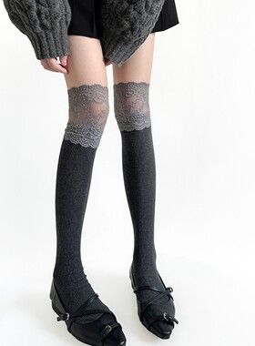 秋冬lolita蕾丝镂空大花边过膝袜竖条拼接高筒袜灰色堆堆小腿