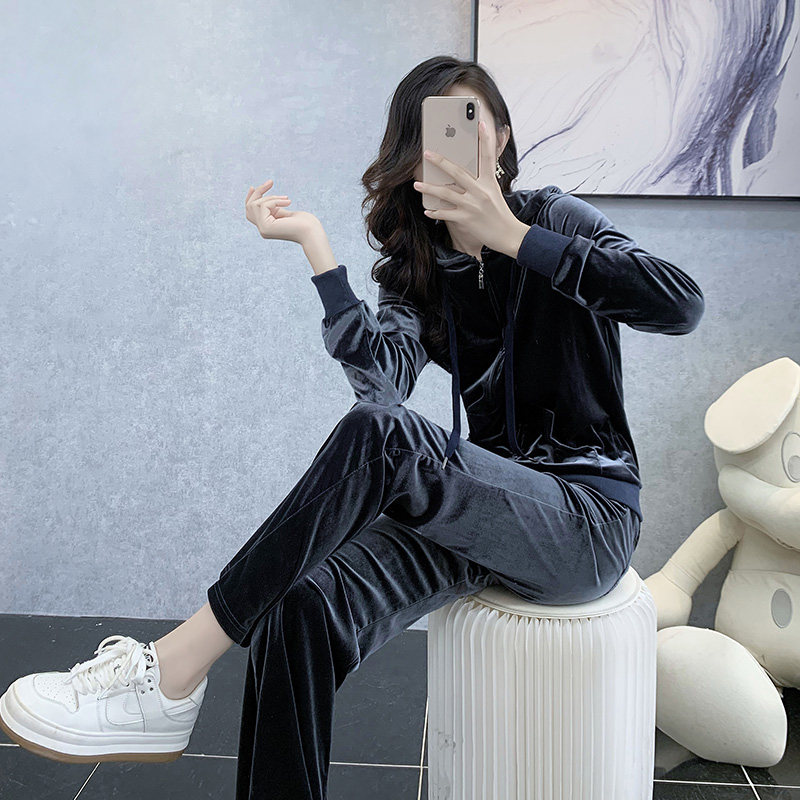 2022新款春秋季金丝绒套装女休闲运动显瘦时尚洋气修身两件套装女