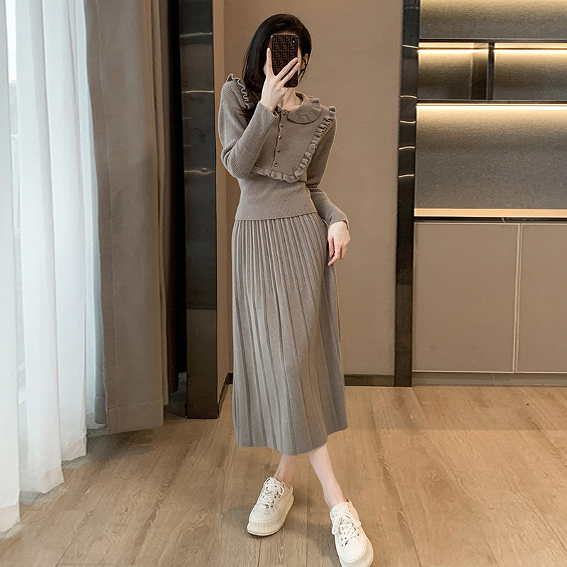 伊乐朵针织甜美木耳边套装裙子女