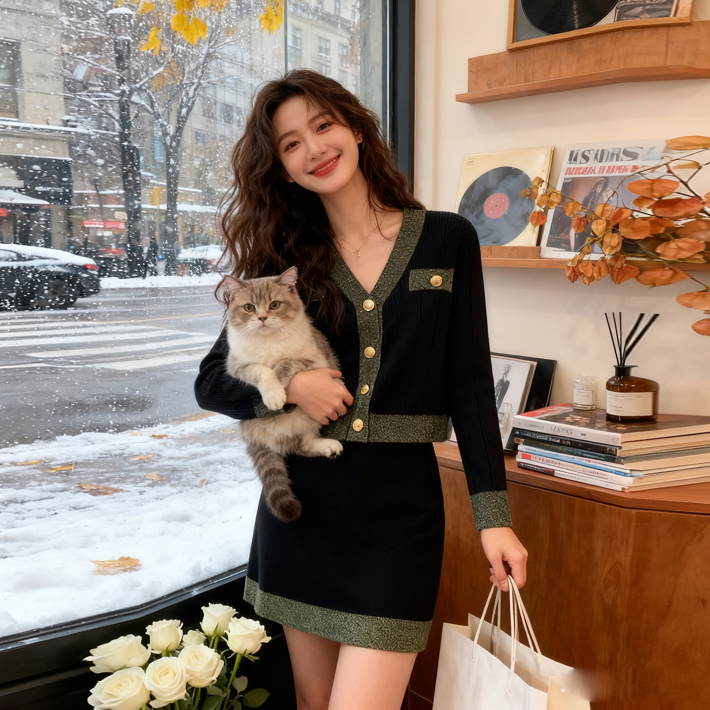 小香风针织开衫毛衣短裙两件套