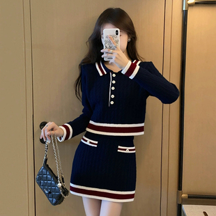 miu系千金感针织套装 裙女秋冬学院风polo领针织上衣半身裙两件套
