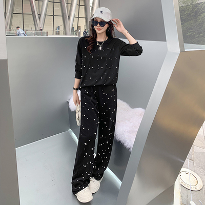 休闲运动套装女春秋季2025新款高级感重工钉珠黑色卫衣潮流两件套