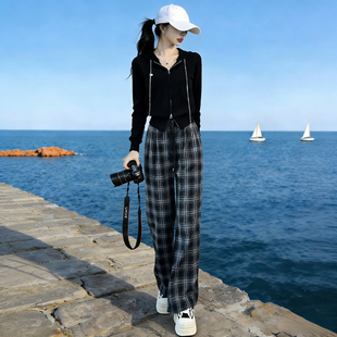 慵懒风休闲运动套装 显瘦两件套 女春秋连帽卫衣外套高腰格子阔腿裤