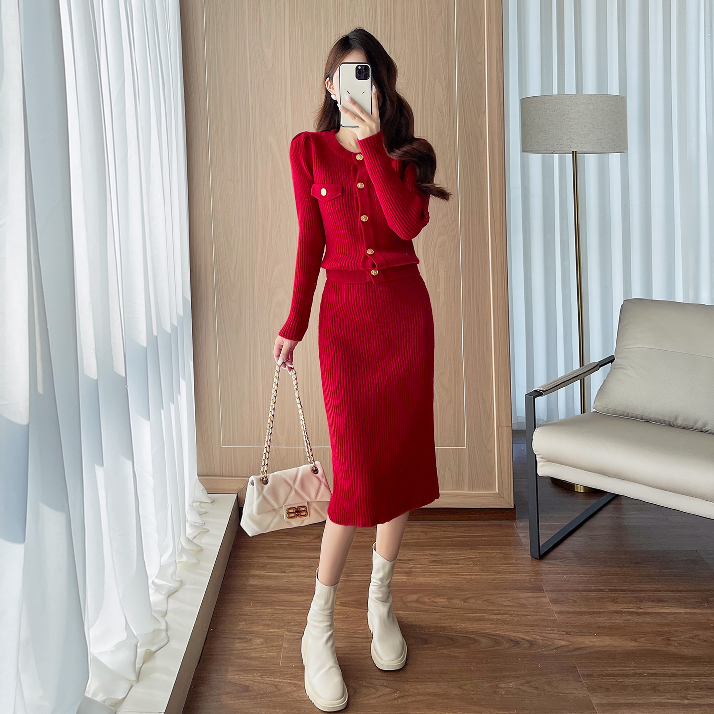 新年红色系跨年穿搭针织套装裙