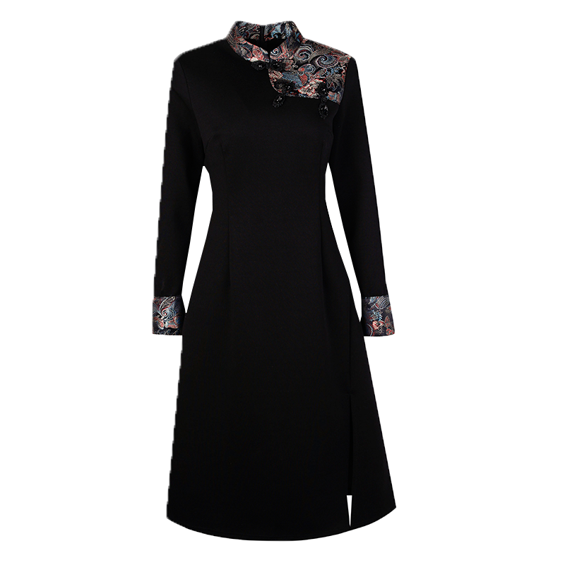 新中式国风提花拼接连衣裙女秋冬季新款修身显瘦旗袍内搭气质裙子