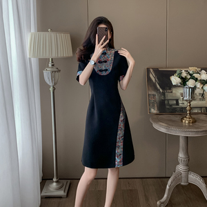 夏季新款国风中式旗袍设计提花拼接立体剪裁修身线条短A字连衣裙
