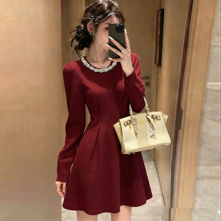 miu系千金感镶钻红色连衣裙女秋冬小个子敬酒宴会礼服圣诞小红裙