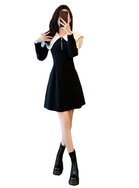 休闲黑色减龄收腰黑白拼接裙子女