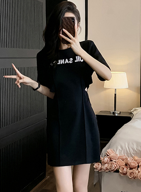 显瘦设计感气质黑色露腰连衣裙女