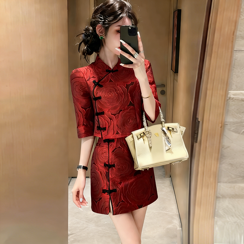 新中式国风红色盘扣套装裙子女秋