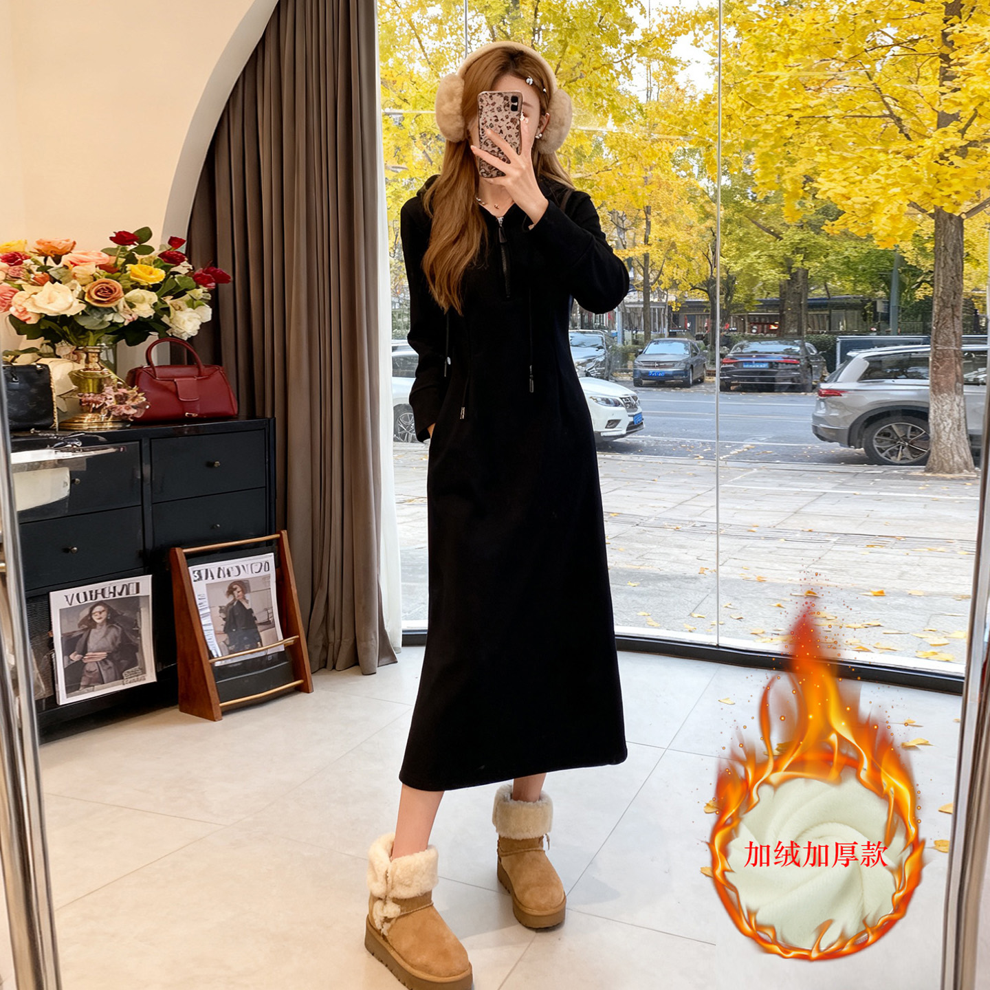 韩系加绒加厚连帽卫衣连衣裙