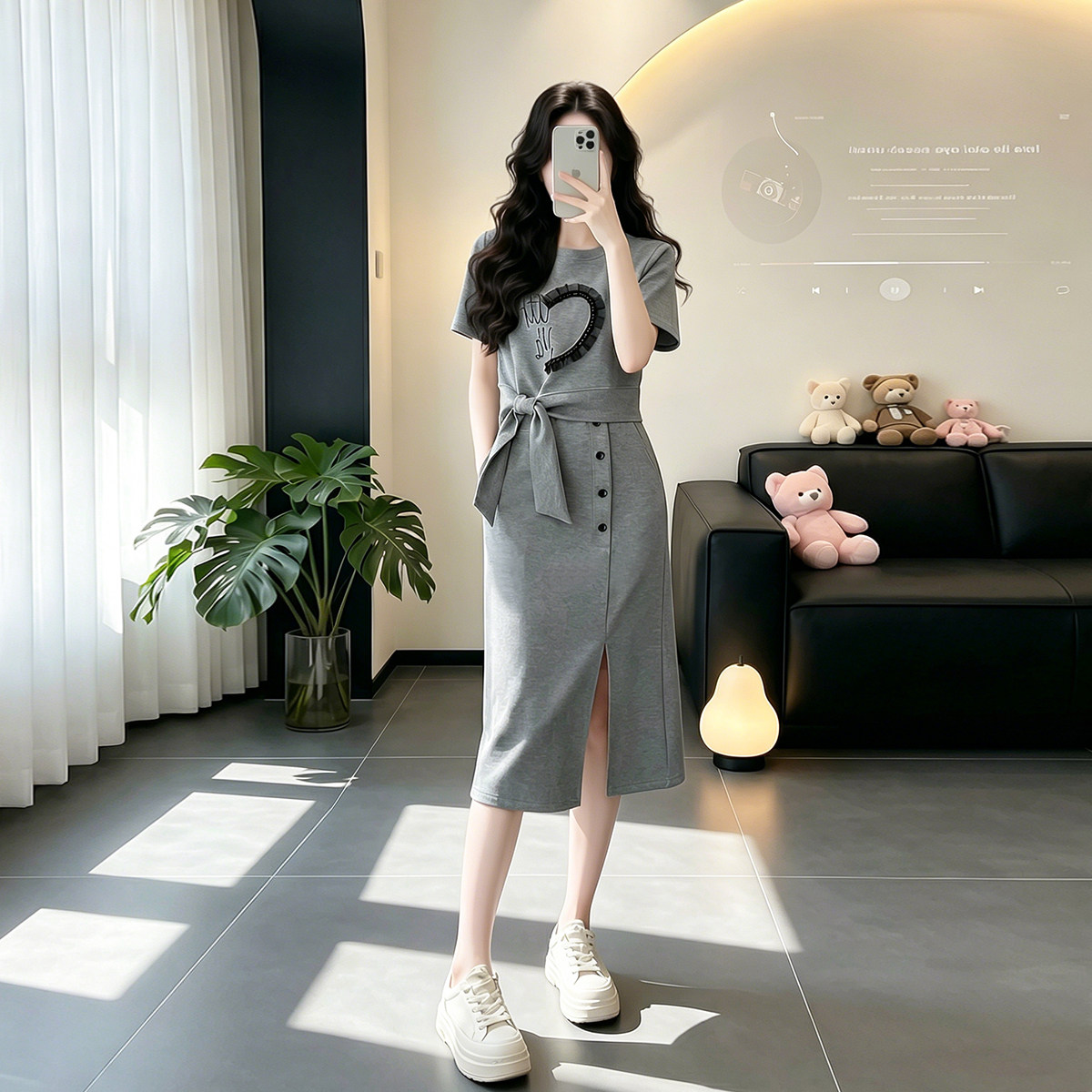 高级感灰色休闲运动套装裙女夏季系带短款上衣开叉半身裙子两件套