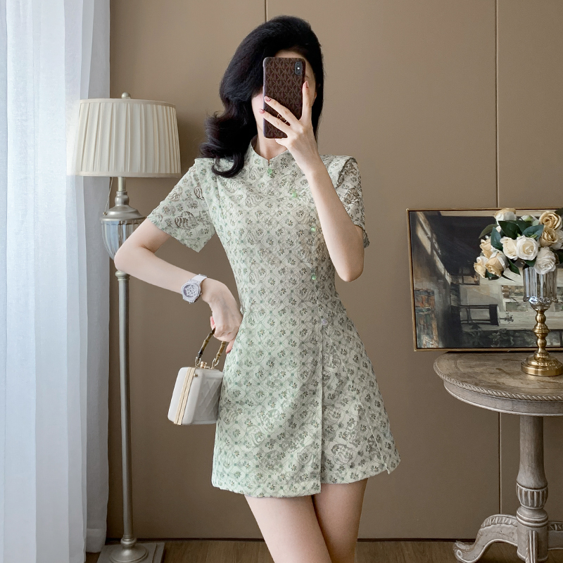 收腰显瘦改良旗袍短裤气质两件套