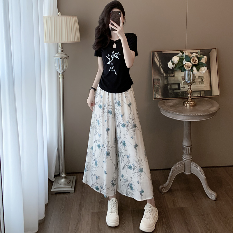 新中式禅意风休闲运动套装女夏季新款收腰短袖雪纺阔腿长裤两件套