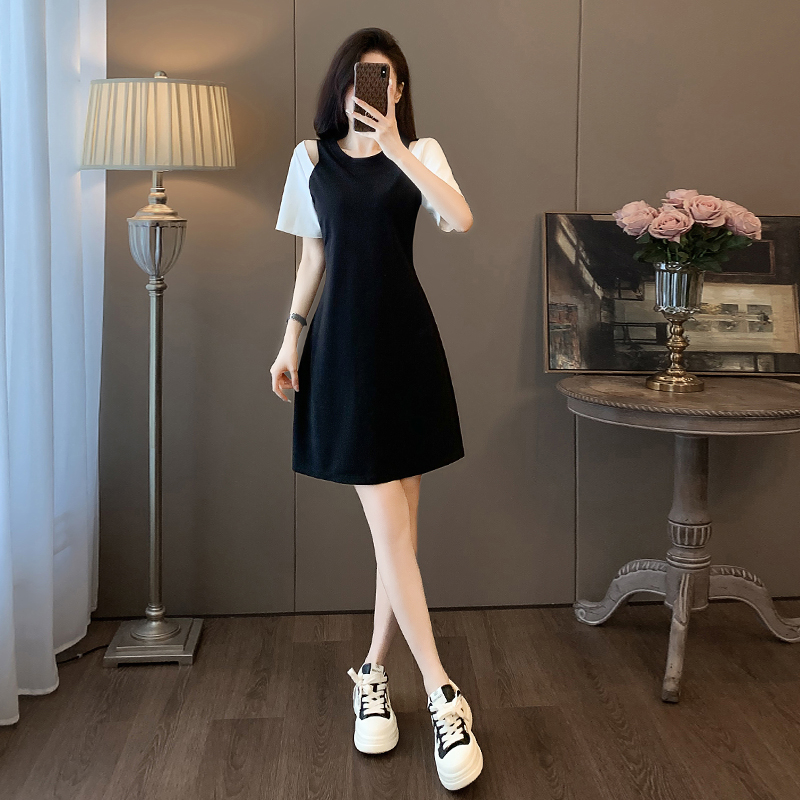 收腰洋气拼色T恤黑色短裙连衣裙