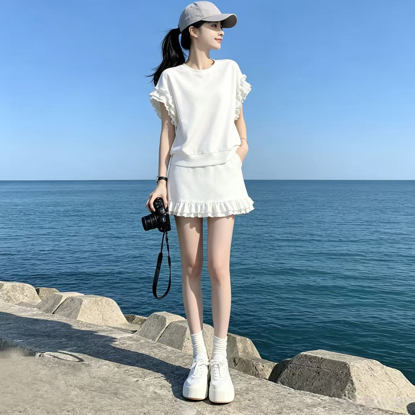 小个子花边短袖短裙减龄两件套潮图片