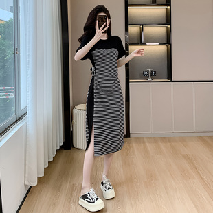 条纹连衣裙女夏季 法式 新款 高级感气质收腰遮肚子洋气减龄T恤裙子