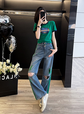 时尚休闲套装女小个子复古绿色印花短袖t恤破洞牛仔阔腿裤两件套