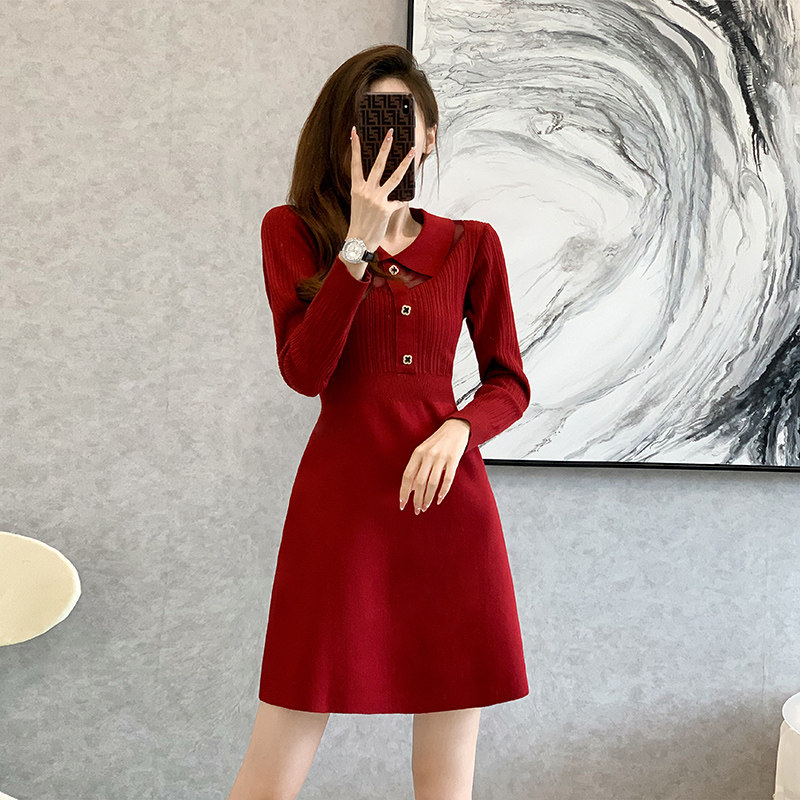 法式复古酒红色针织连衣裙女秋装高级感polo领气质显瘦打底毛衣裙,女装/女士精品,真丝上装,淘宝优惠券,粉丝福利购,淘宝优惠卷