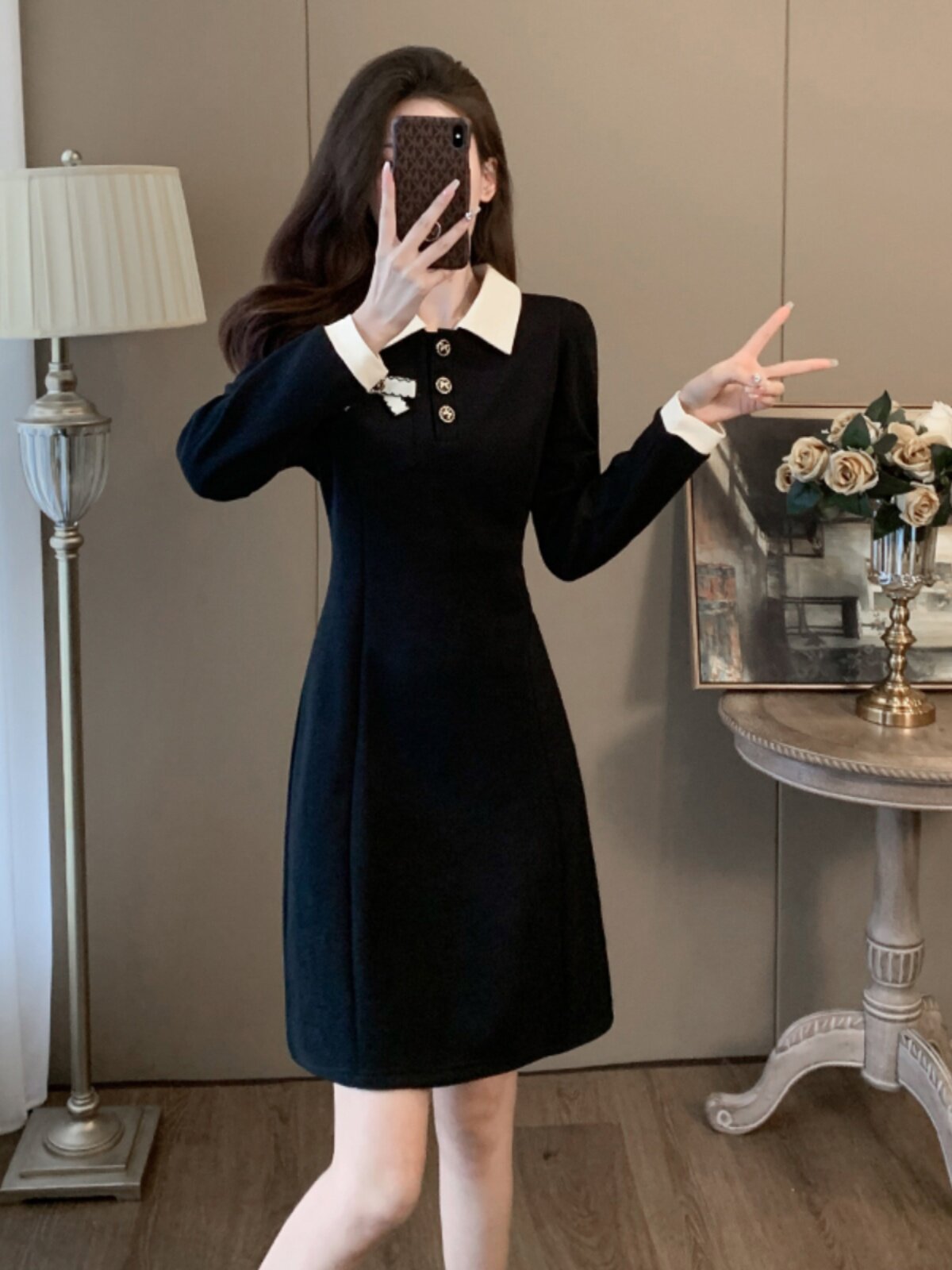 HIGH-END TEMPERAMENT THIN DRESS WOMENS SPRING AND AUTUMN DRESS 2025 NEW FRENCH SMALL DOLL COLLAR WAIST SKIRT