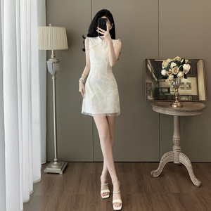 新中式国风盘扣蕾丝连衣裙女夏季小个子收腰显瘦气质绝美改良旗袍