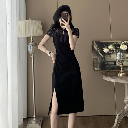 独特漂亮新中式改良旗袍裙女夏季镂空蕾丝拼接掐腰显瘦开叉连衣裙