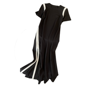 法式气质长裙女高级感日常通勤气质圆领撞色拼接开叉收腰连衣裙夏