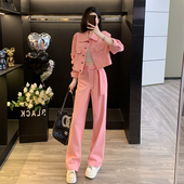 两件套 牛仔短外套阔腿裤 高级感名媛小香风粉色减龄休闲套装 女秋季