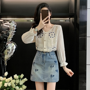 清纯系夏日穿搭套装女减龄气质韩系绝美衬衫高腰牛仔半身裙两件套