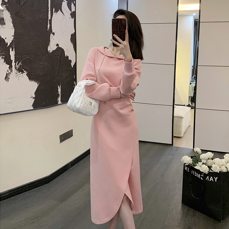 连帽粉色卫衣裙子女装秋季新款
