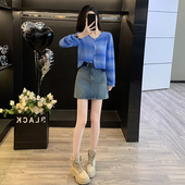 早秋渐变色长袖 针织开衫 上衣毛衣外套高腰牛仔裙小个子显瘦两件套