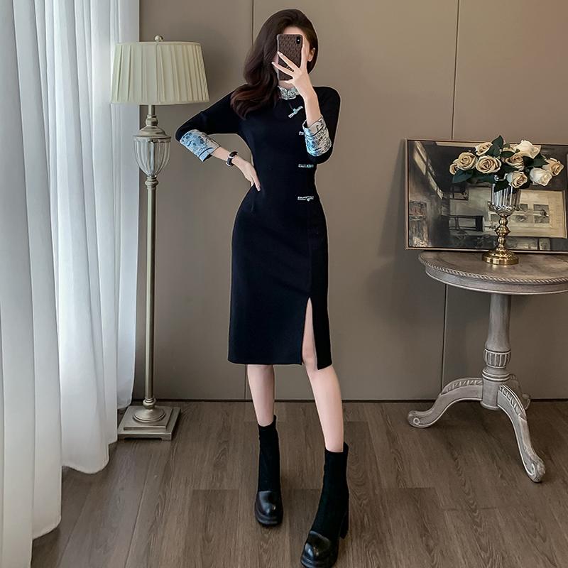 新中式中国风黑色连衣裙秋冬