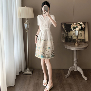 夏季新中式国风衬衫刺绣马面裙拼接假两件中长款气质显瘦连衣裙潮